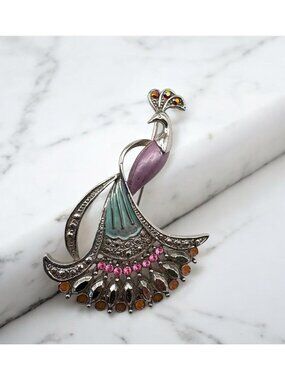 Peacock Bird Brooch Pin Silver Tone with Rhinestones Colorful Plume Tail